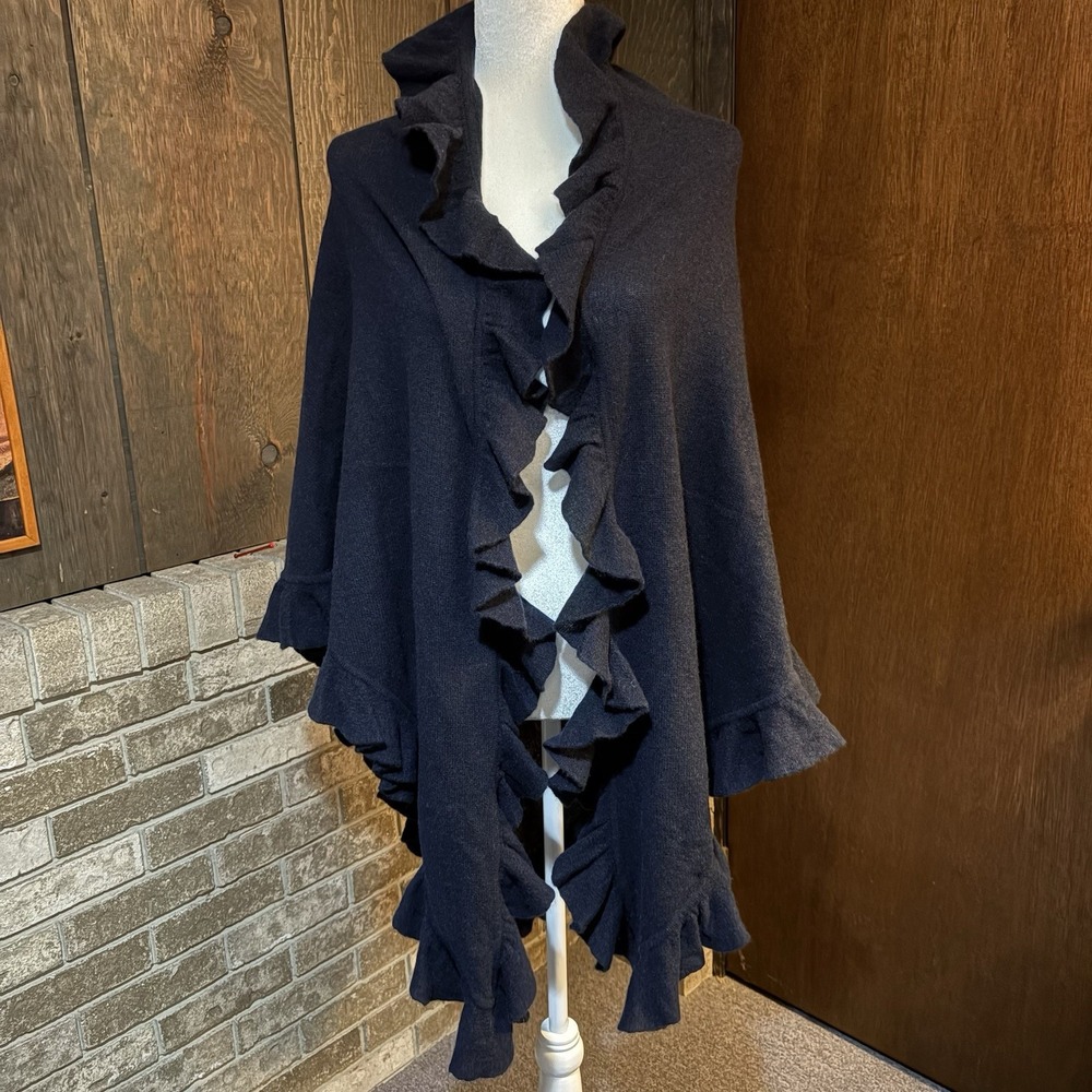 Minnie Rose O/S Dark Blue Ruffle 100% Cashmere Poncho Shawl Sweater A1731